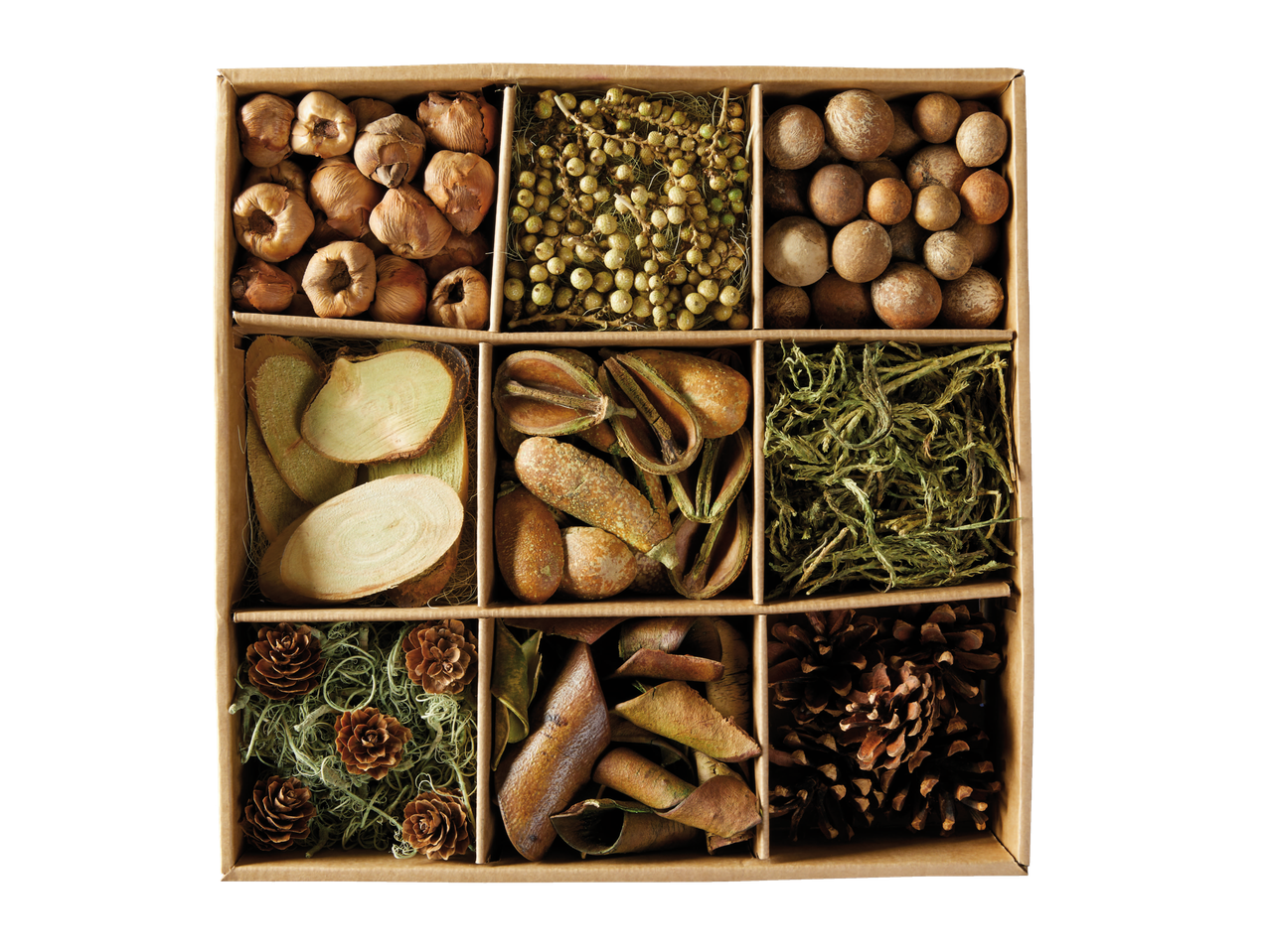 Potpourri dėžutėje su skyreliais, su kankorėžiais, džiovintais vaisiais ir medžio gabalėliais.