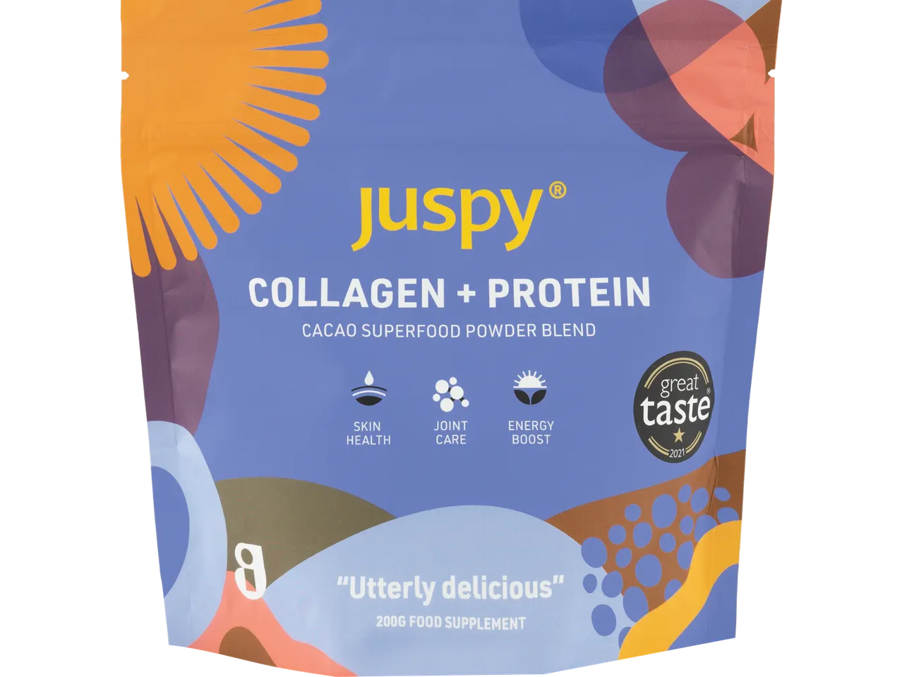 Juspy Collagen + Protein Cacao Superfood Powder Blend packaging.