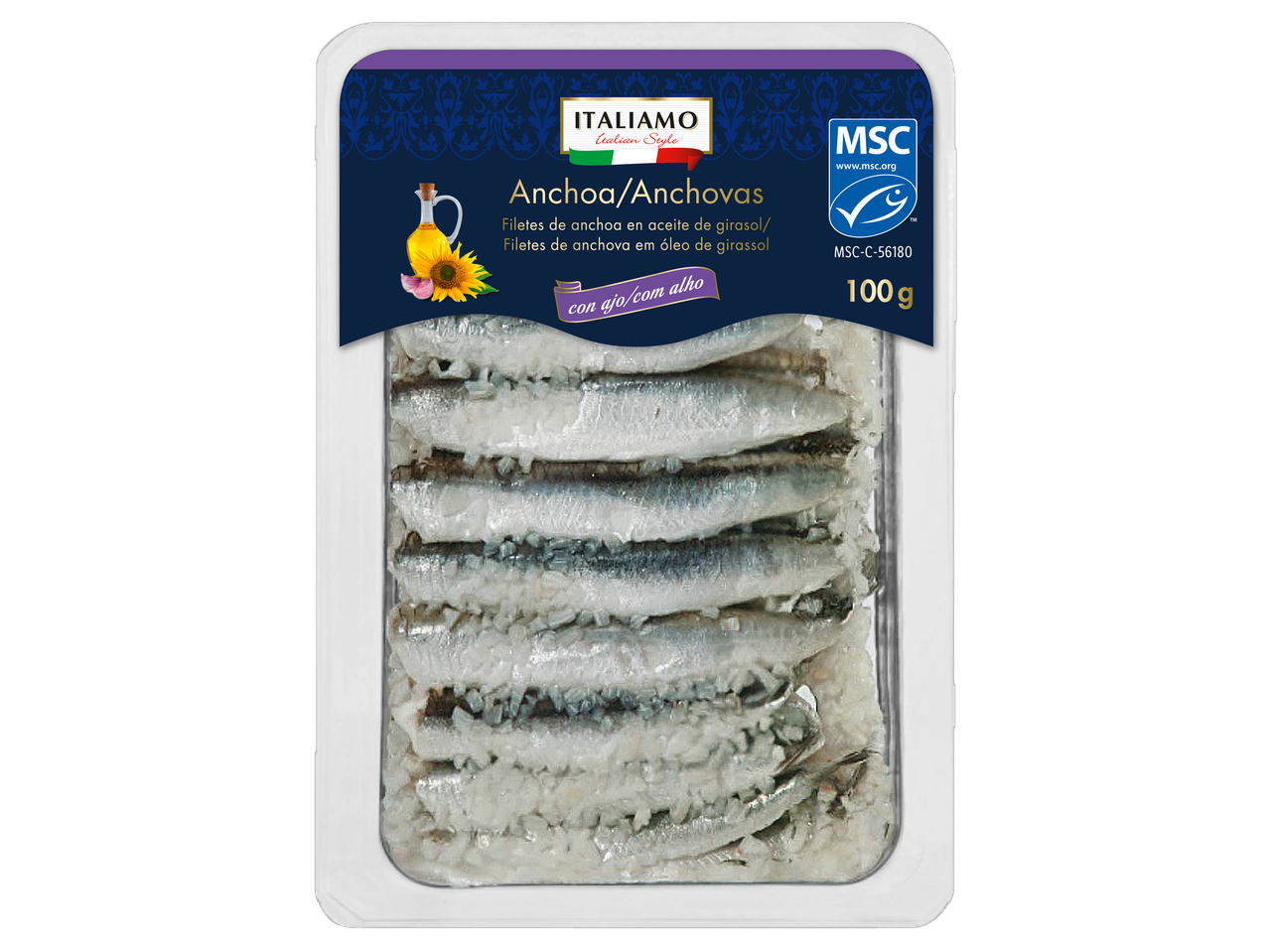 Anchoas ITALIAMO com alho em óleo de girassol, 100g.