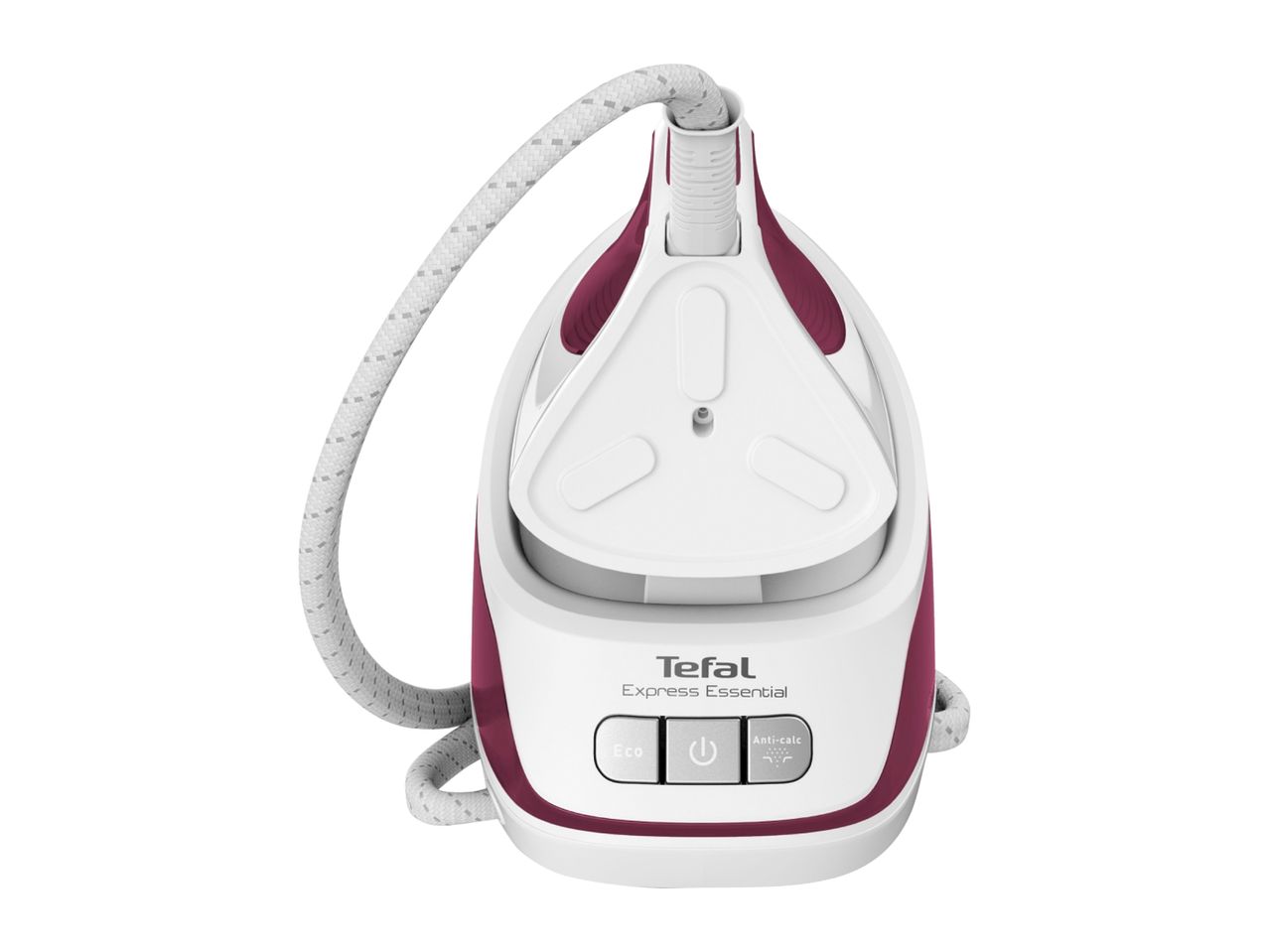 White and purple steam generator iron with control buttons for eco and anti-calc functions.