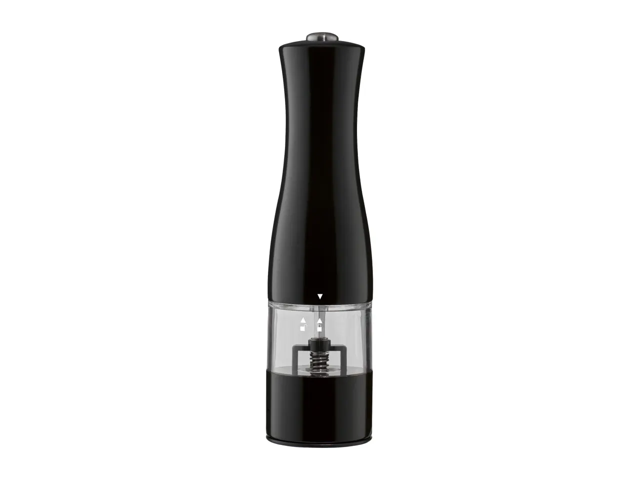 Electric salt or pepper mill with a sleek black body and clear window