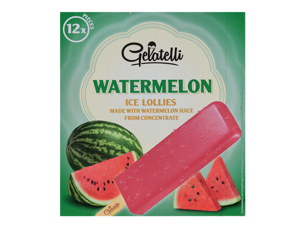 Gelatelli Picolés de Melancia, 12 unidades, feitos com sumo de melancia de concentrado.