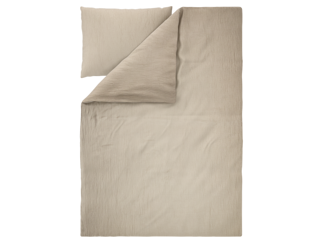 Bézs színű, ráncolt pamut ágyneműhuzat garnitúra, egy párnahuzattal és egy paplanhuzattal.