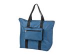 Blue foldable shopping bag with black straps and a front zippered pocket.