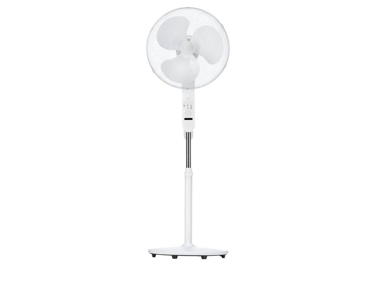 White pedestal fan with three blades and control panel on a black background.