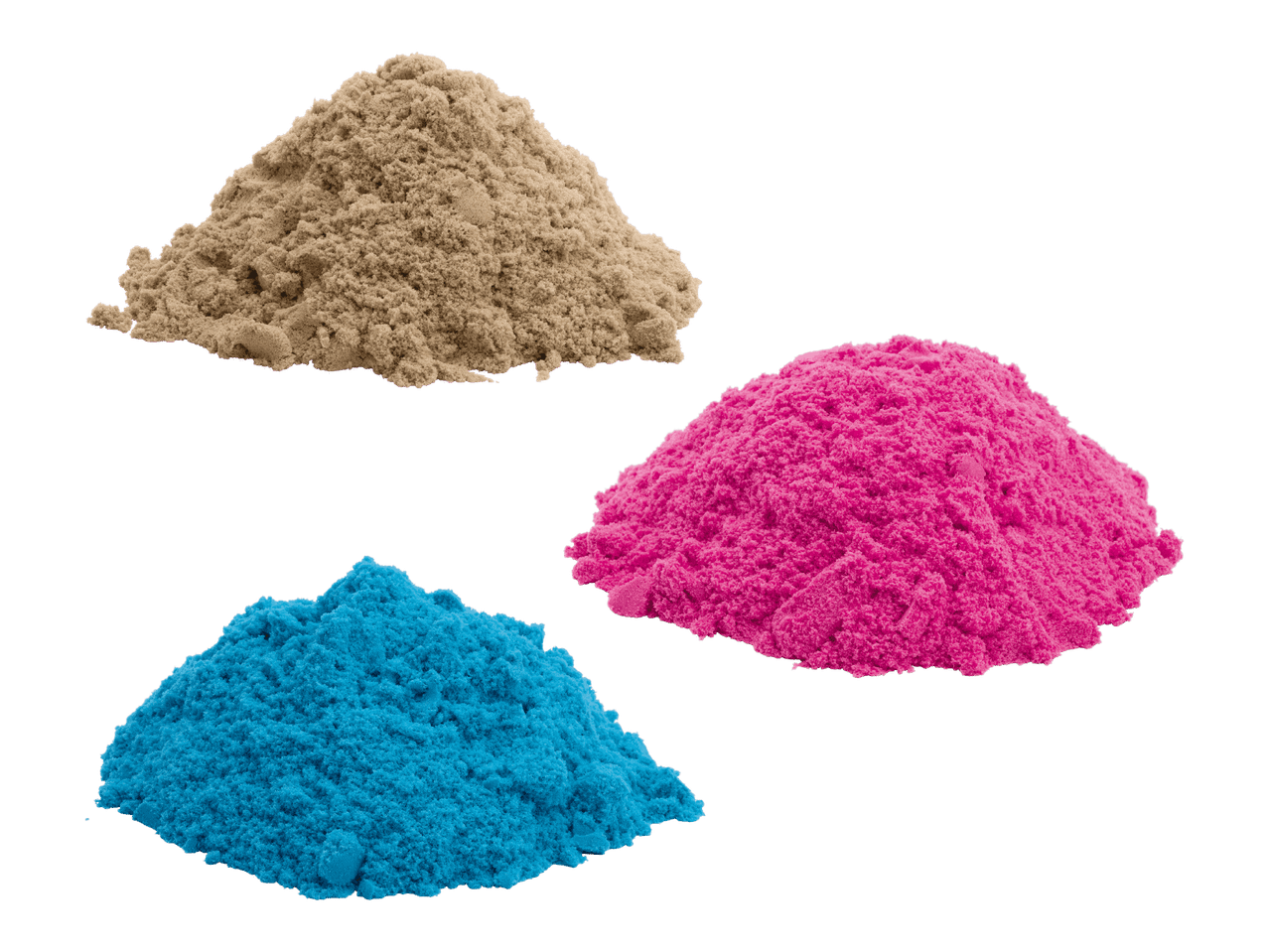 Kolme kasaa kinetiikkahiekkaa: beige, pinkki ja sininen.