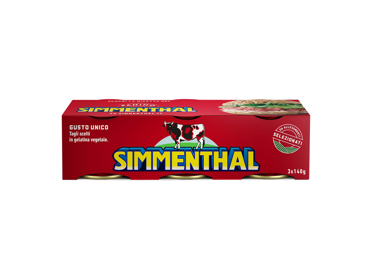 Confezione di Simmenthal con 3 lattine da 140g, con un panino e una mucca.