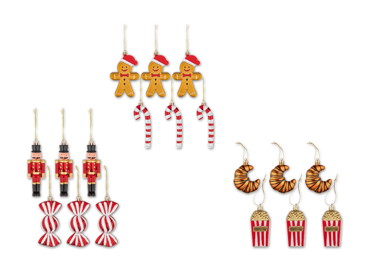 Weihnachtsbaumschmuck: Lebkuchenmänner, Zuckerstangen, Nussknacker, Bonbons, Croissants und Popcorn.