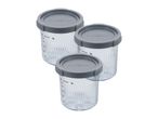 Three clear food storage containers with grey lids, featuring measurement markings and a lock/unlock indicator.