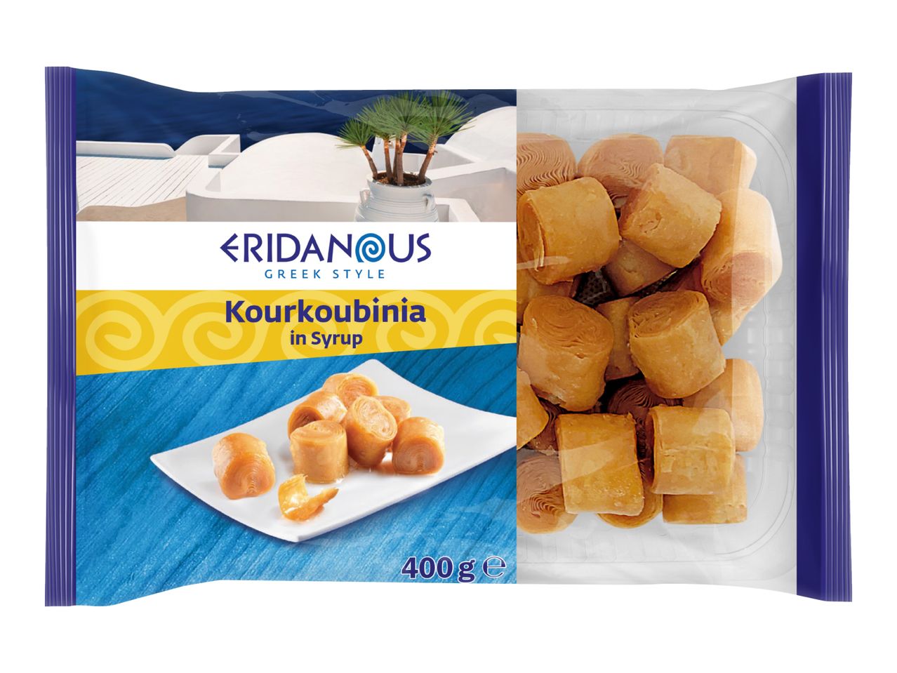 Greek-style Kourkoubinia in syrup, with a white plate of pastries and a clear package of more.