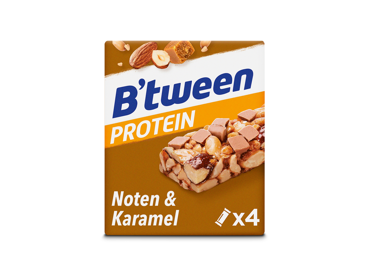 Verpakking van vier noten- en karamelproteïnerepen.