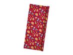 A roll of red wrapping paper featuring a repeating pattern of cartoon animals celebrating a birthday.