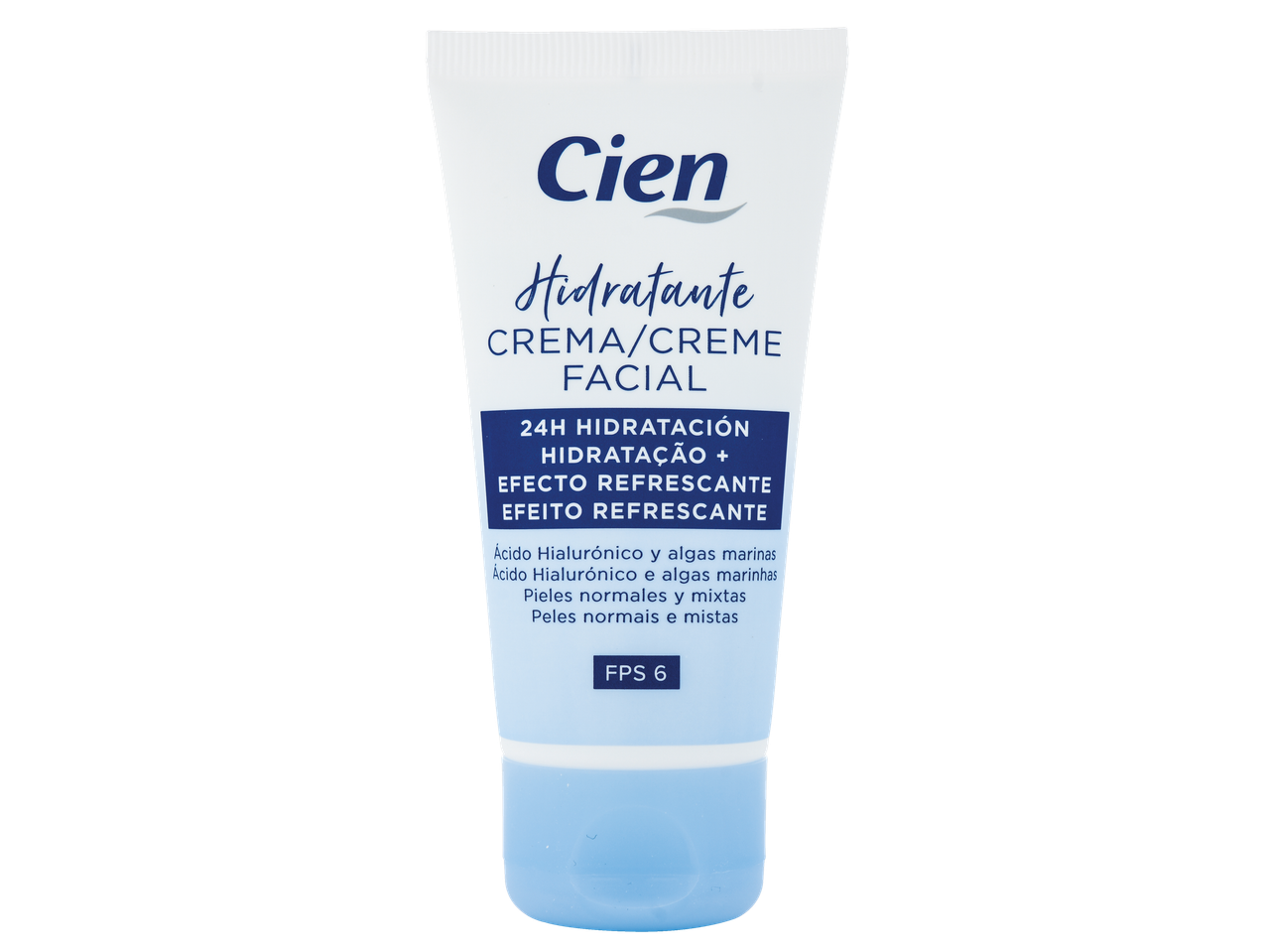 Creme facial hidratante Cien com ácido hialurônico e algas marinhas.