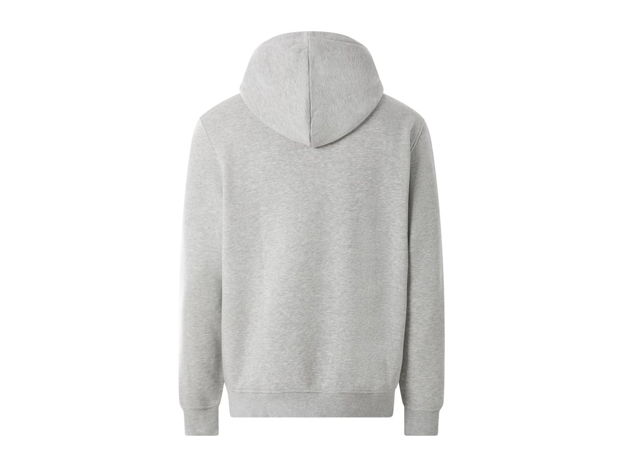 Back view of a plain grey hooded sweatshirt with ribbed cuffs and hem.