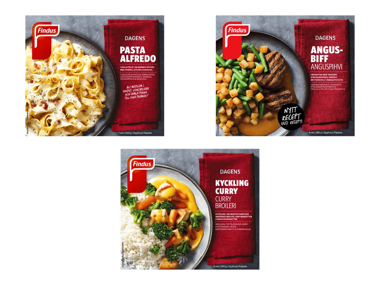 Findus-ateriat: Pasta Alfredo, Angus-pihvi ja kanacurry.