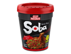 Zwarte instant noedelbeker met rode deksel, met 'Soba Wok Style Chili' en 'Vegan' erop.