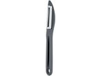 A grey vegetable peeler with a stainless steel blade stands upright against a white background.