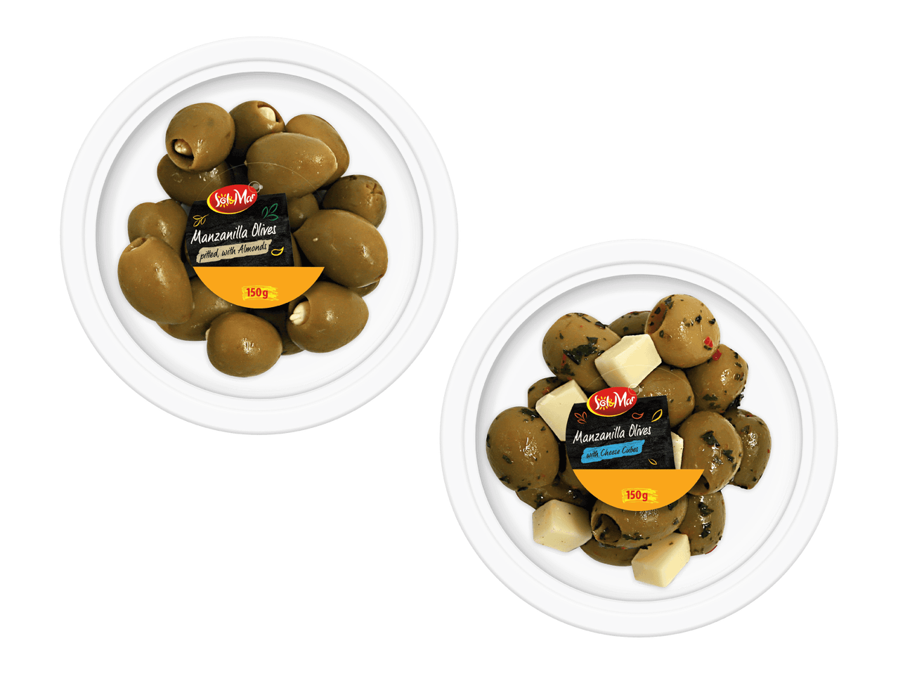 Kaksi pakkausta manzanilla-oliiveja, toisessa manteleita ja toisessa juustokuutioita, 150 g.