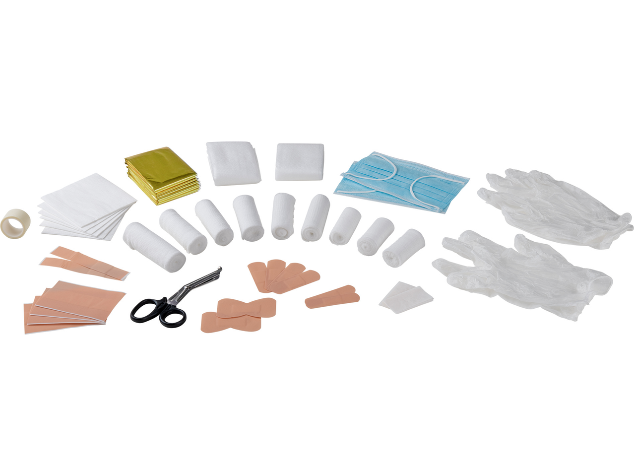 EHBO-kit met verband, maskers, handschoenen, schaar en reddingsdeken.