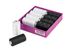 Black and white thread spools in a purple box.