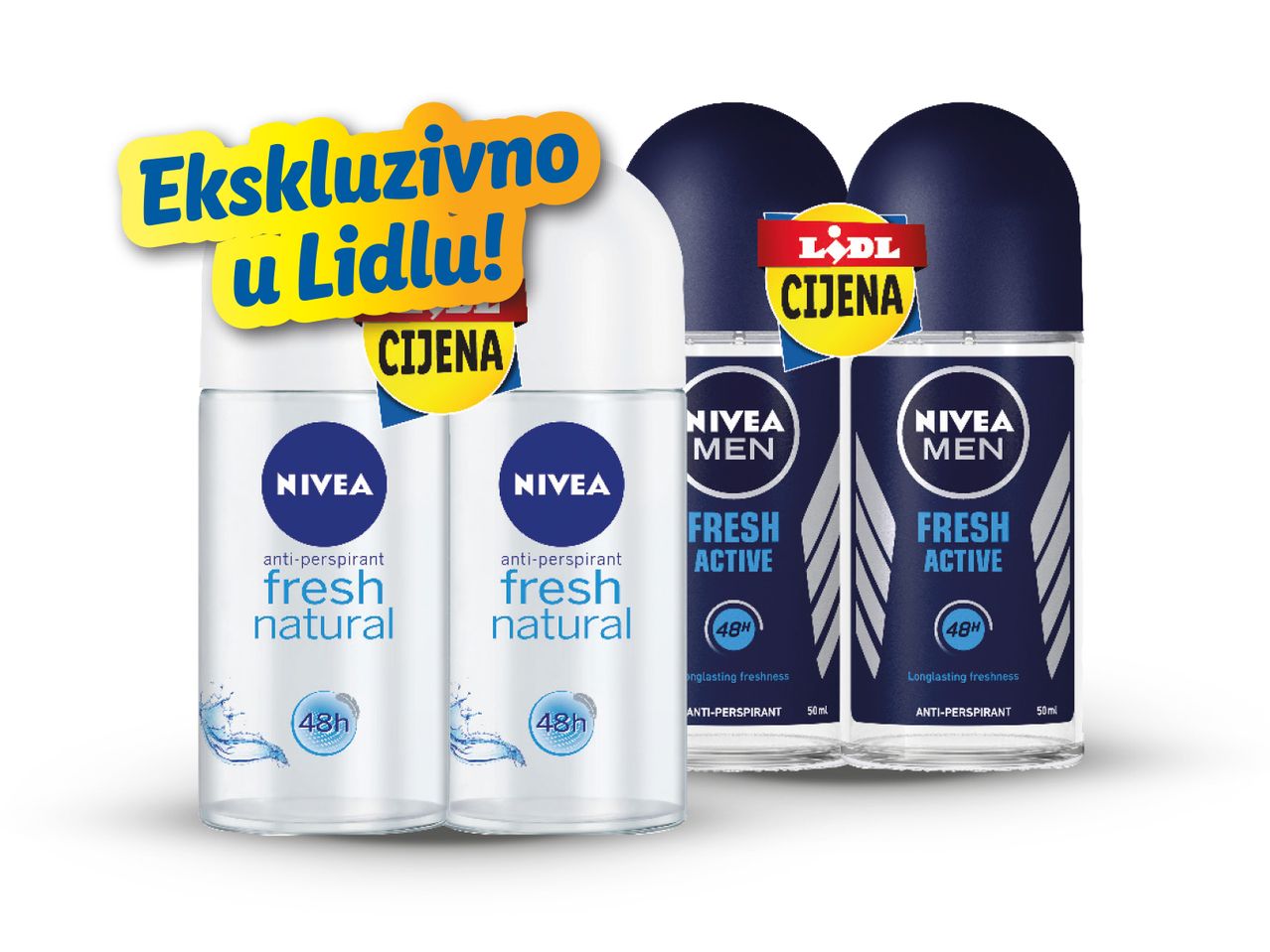 Dvije Nivea roll-on dezodoransa, jedan bijele i jedan tamnoplave boje, u Lidlu.