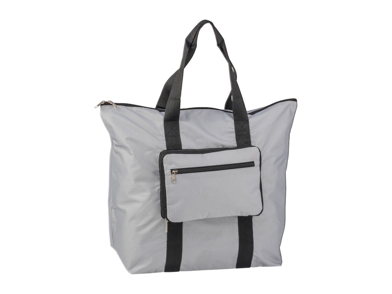 Light grey foldable shopping bag with black handles and a front pocket.