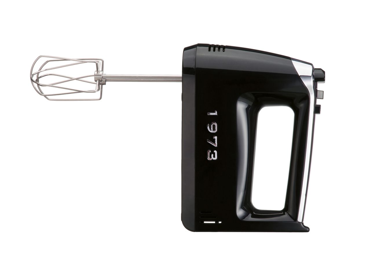 Black hand mixer with a wire whisk attachment