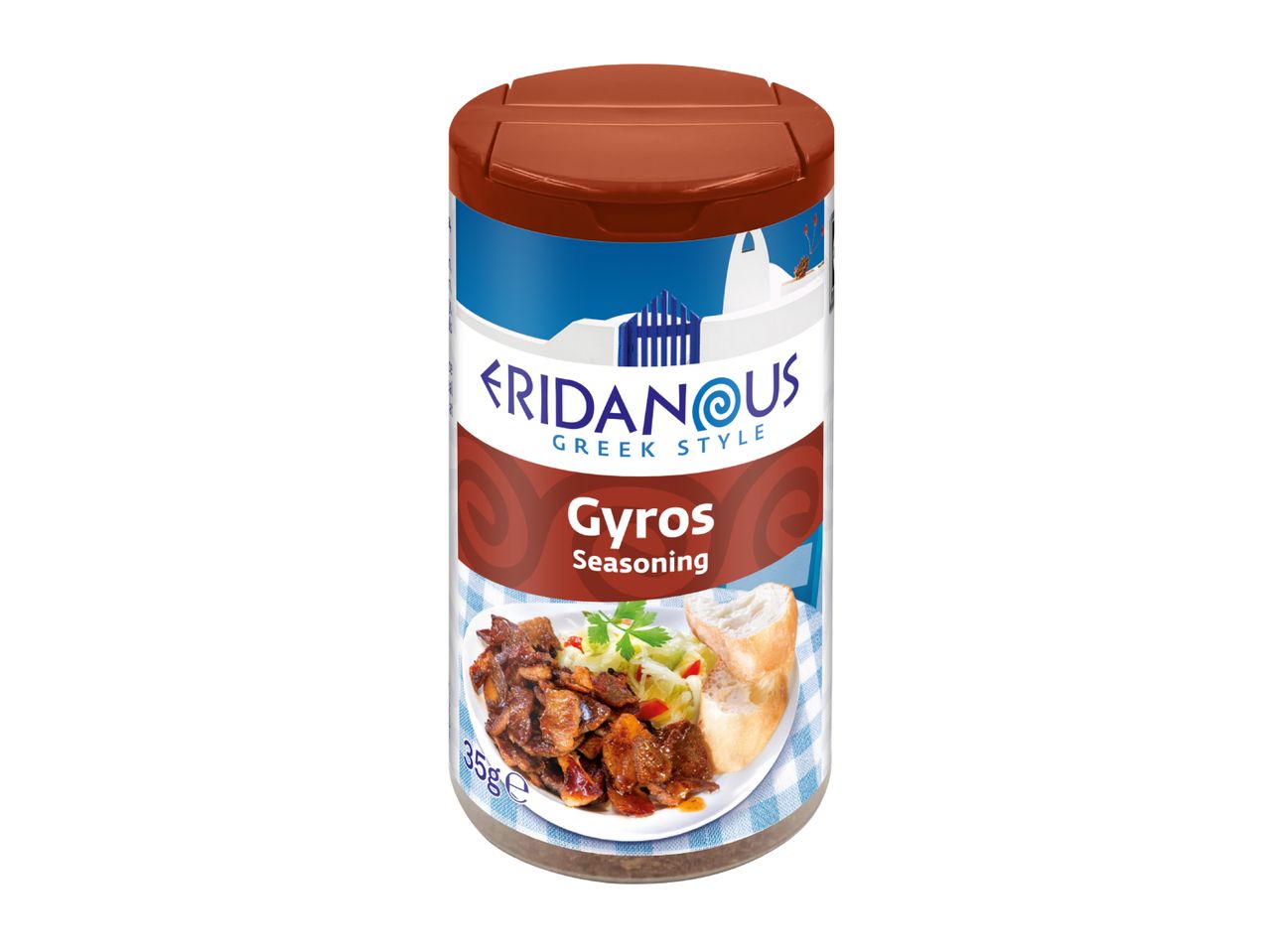 Gyros seasoning in a shaker with a Greek-themed label showing gyros meat and bread.