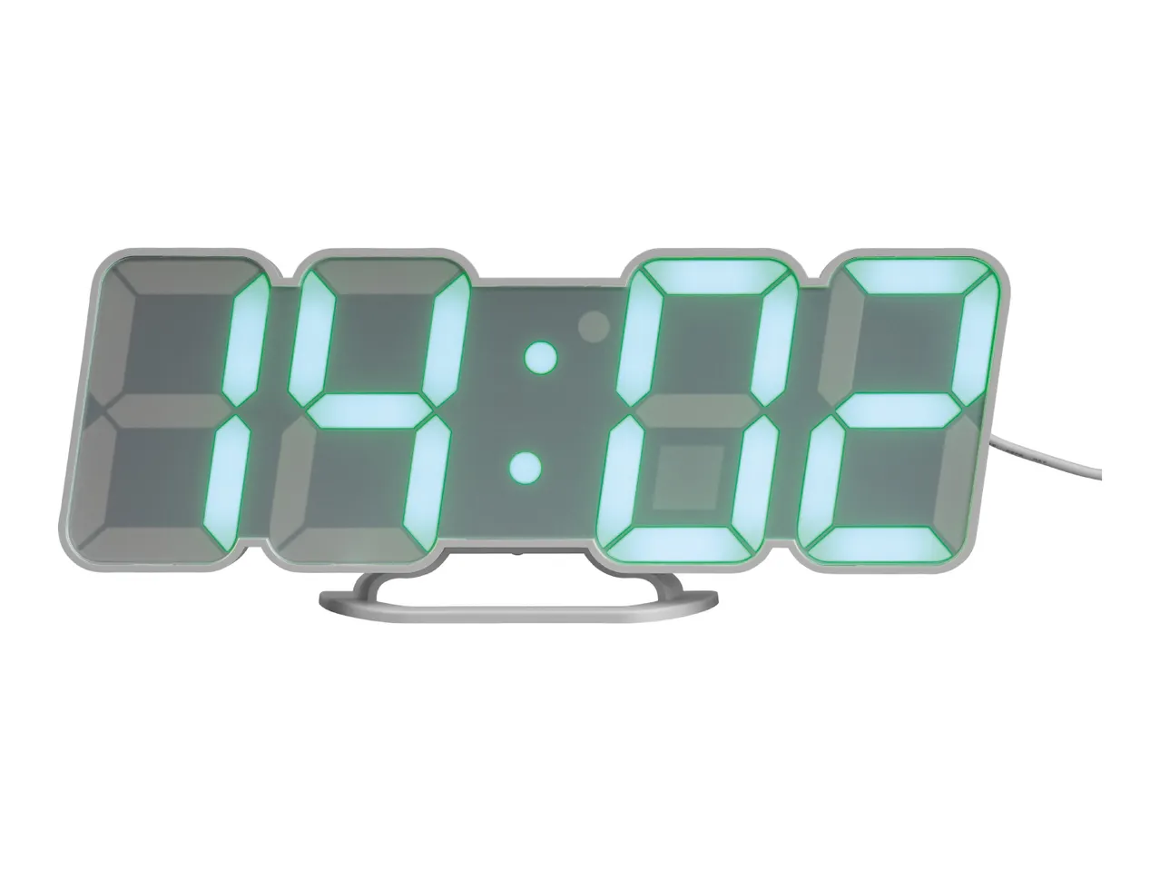 Digital LED alarm clock displaying 14:02 with a light green glow.