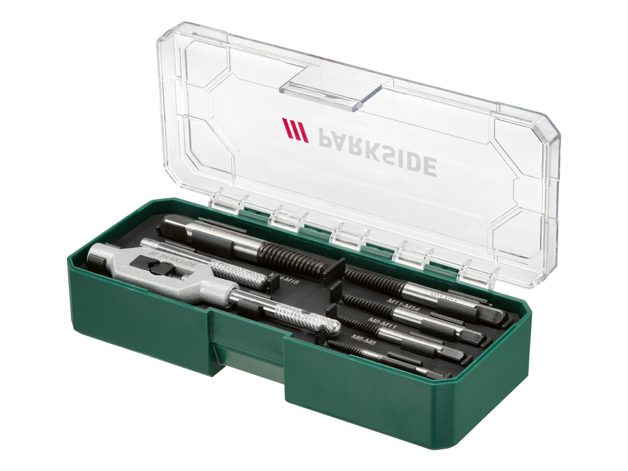 Set za izvlačenje vijaka s ručkom i različitim veličinama izvlakača (M6-M18) u zelenoj kutiji.