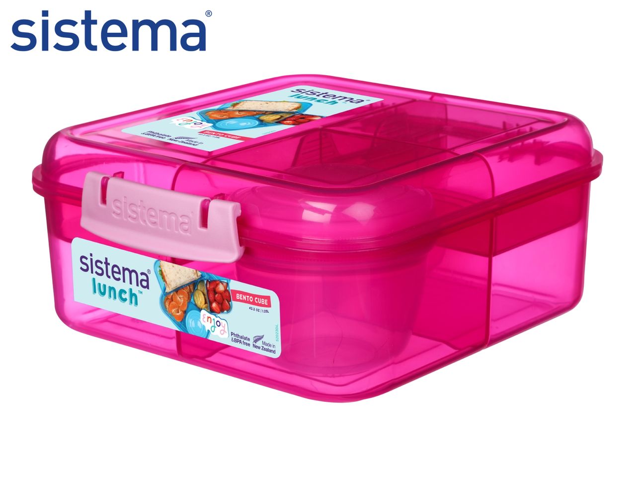 Pink bento lunch box with multiple compartments and a small container, featuring a sandwich, mandarins, crackers, and strawberries.