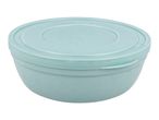 Light blue round food container with a lid