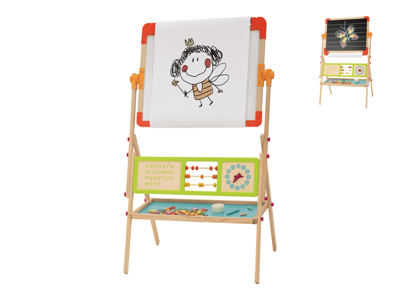 Lasten puinen piirustusteline, jossa on valkotaulu, liitutaulu, aakkoset, helmitaulu ja kello.