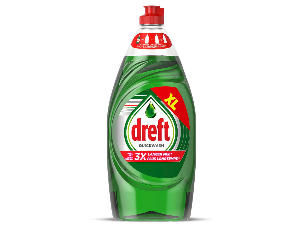 Fles afwasmiddel met de tekst '3x langer mee' en 'XL'.