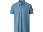 Polo azul masculino com riscas brancas na gola e nas mangas