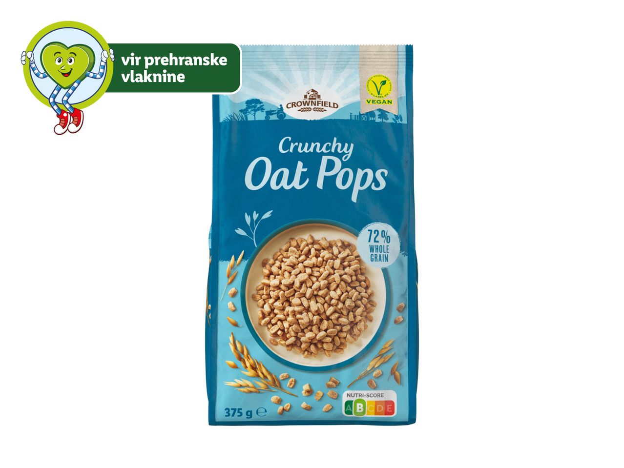 Crownfield Hrustljavi ovseni kosmiči, veganski, 72% polnozrnatih žit.