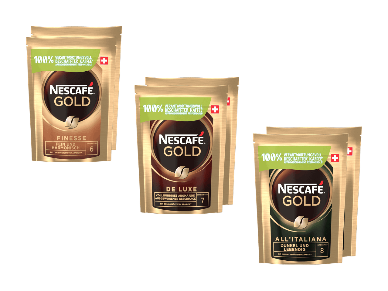 Drei Packungen gemahlener Kaffee mit verschiedenen Intensitäten: Finesse (6), De Luxe (7) und All'Italiana (8).