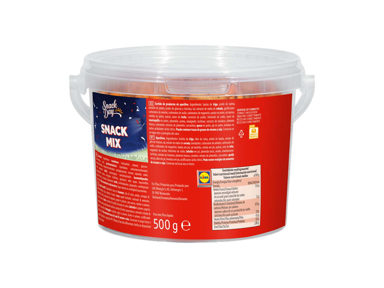 Lidl Snack Day Snack Mix num recipiente de plástico transparente com rótulo vermelho, 500g