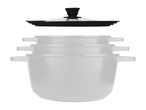 Set of three nesting pots with a single glass lid, isolated on a white background.