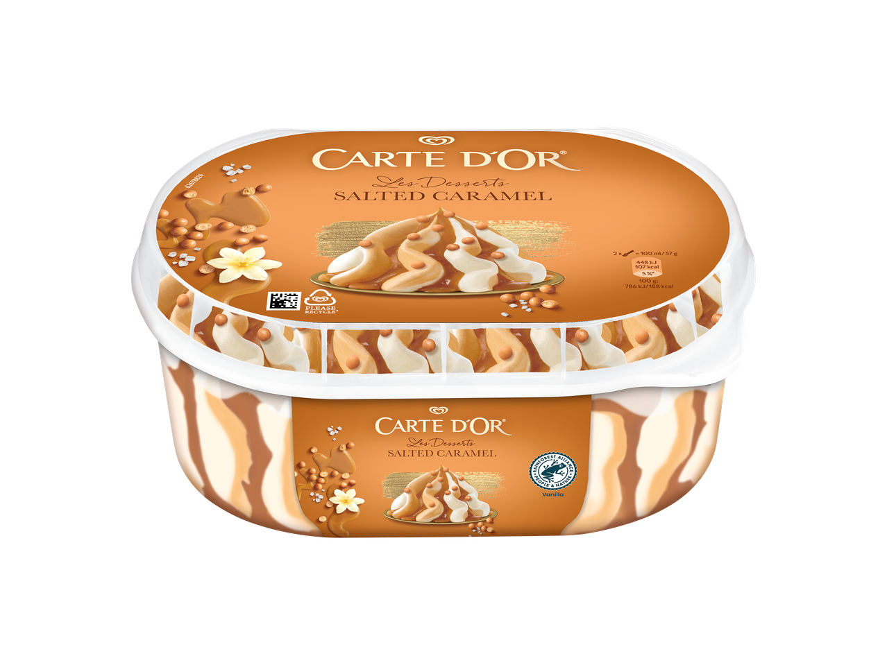 Gelado de caramelo salgado com molho de caramelo e pedaços de caramelo, com informações nutricionais.