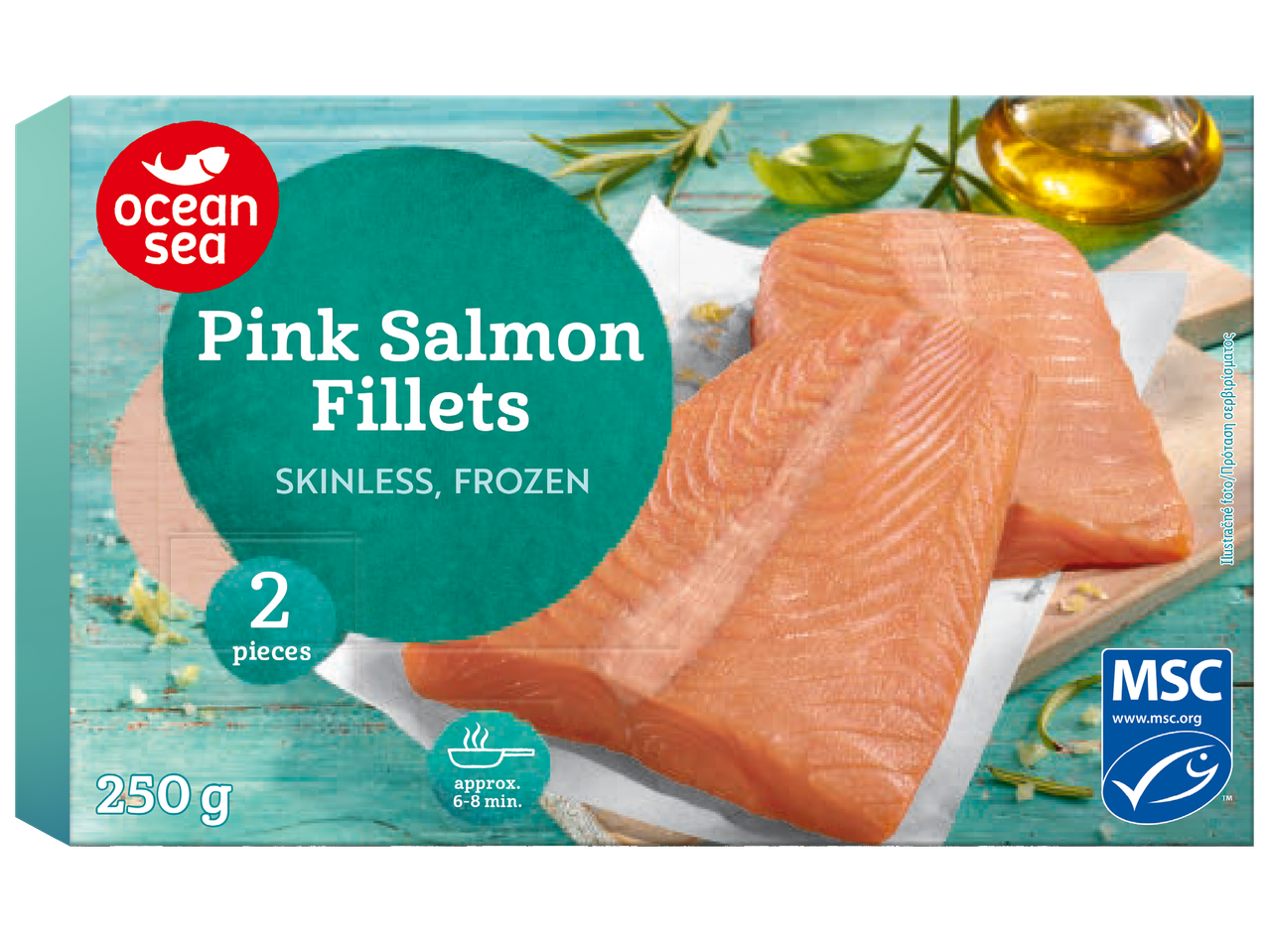 Опаковка от 250 г замразени филета от розова сьомга без кожа, 2 броя, с време за готвене 6-8 минути.