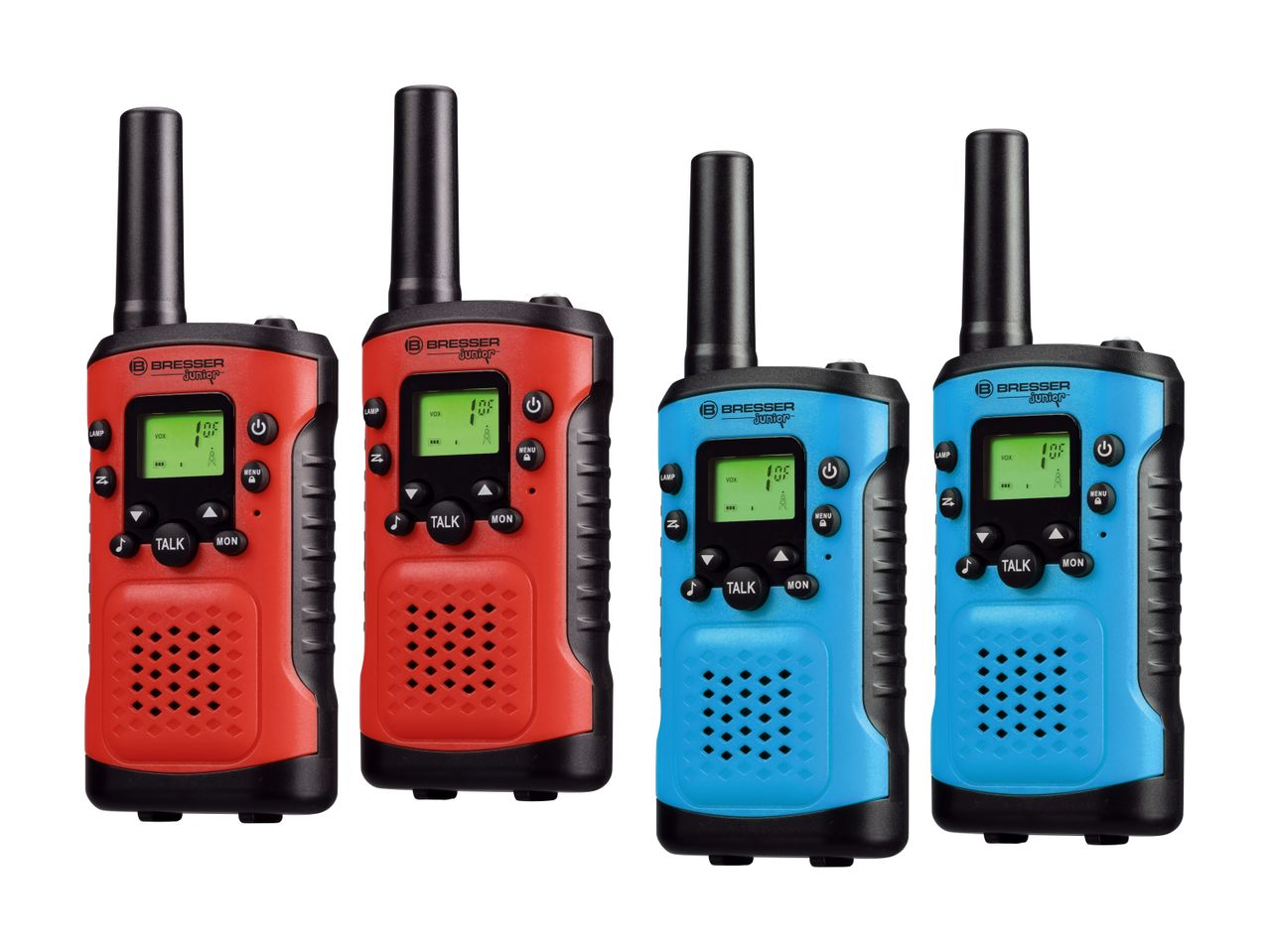 Fire walkie-talkies i rød og blå med skærme og knapper.