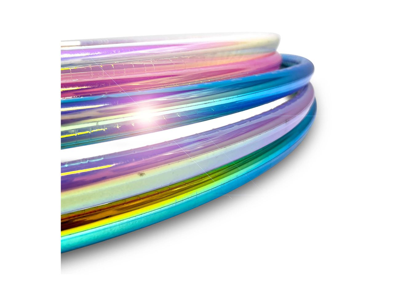 Stack of iridescent hula hoops with a bright light reflection.