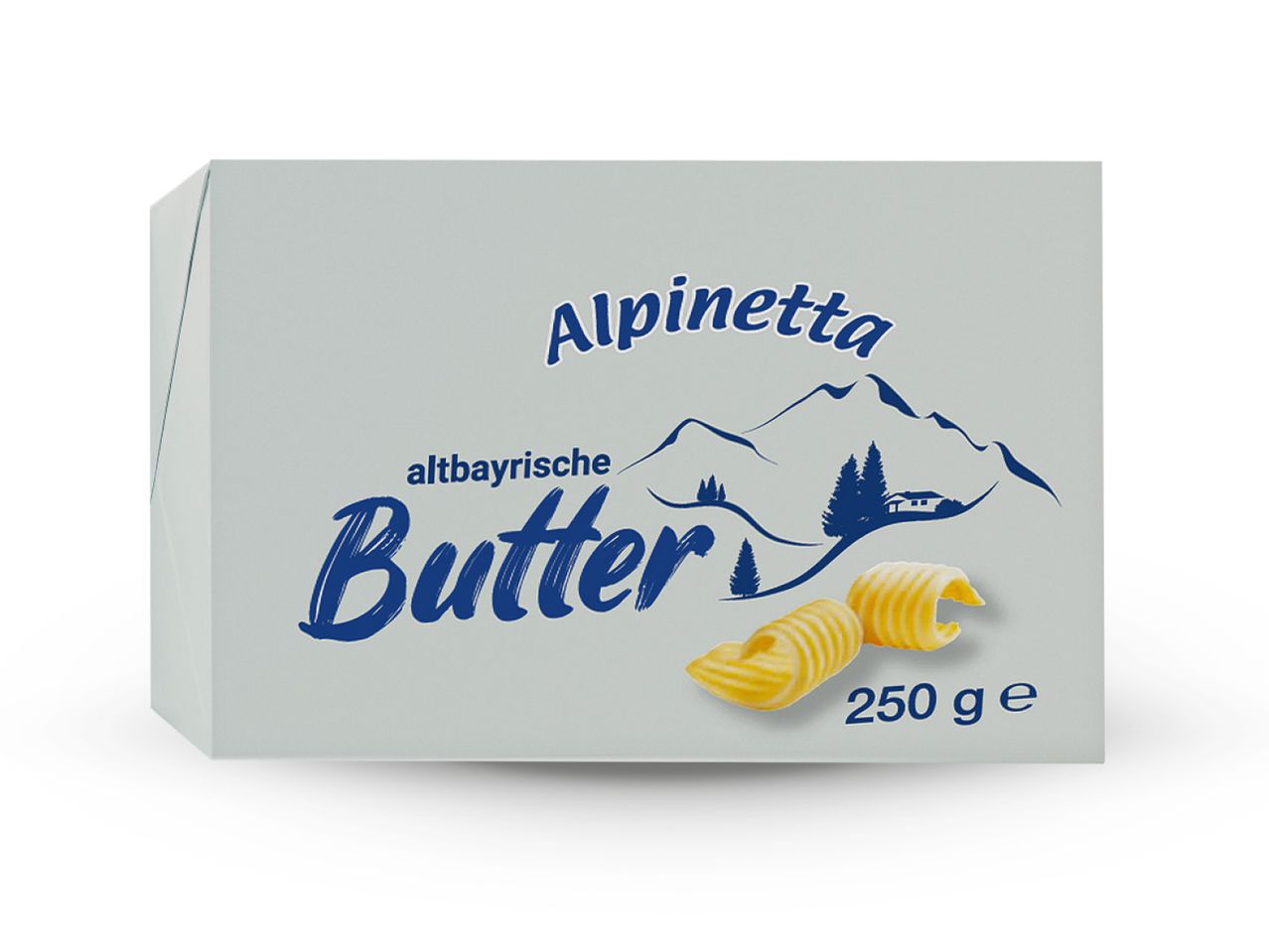 Pakiranje maslaca Alpineta s planinskim krajolikom i kovrčama maslaca.