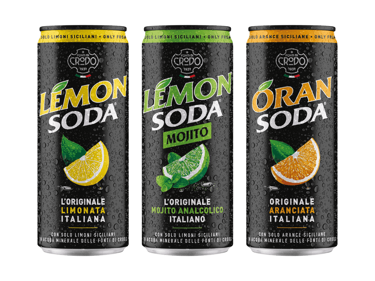 Drei Dosen Credo Lemon Soda, Mojito und Orange Soda.