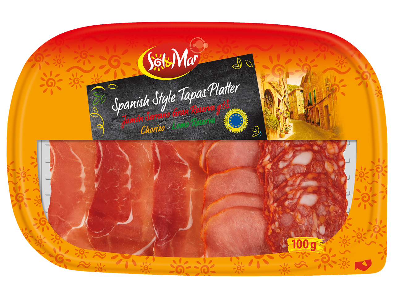 Sol&Mar Spaanse Tapas Schotel: Serrano ham, Lomo Reserva, Chorizo.
