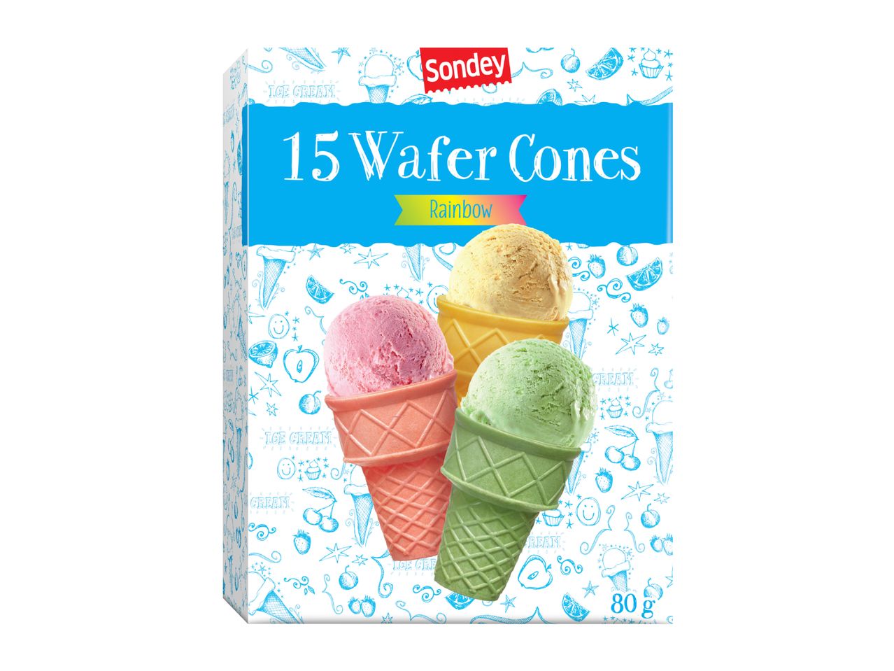 Box of 15 rainbow wafer cones with three scoops of ice cream in pink, yellow, and green.