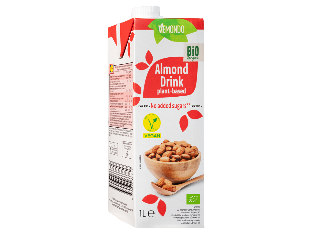 Vemondo Bio Mandulaital, növényi alapú, hozzáadott cukor nélkül, 1L-es karton.