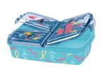 Blue lunchbox with three compartments, featuring cartoon character designs and colorful confetti patterns.