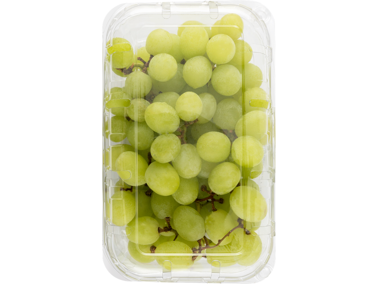 A clear plastic container filled with fresh green grapes.